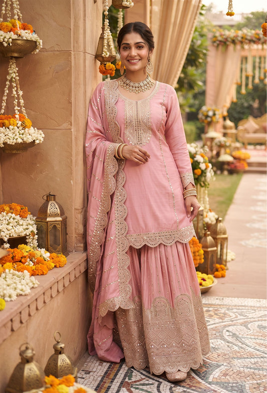 Heavy Embroidered Chinnon Silk Sharara Suit Set with Embroidered Dupatta