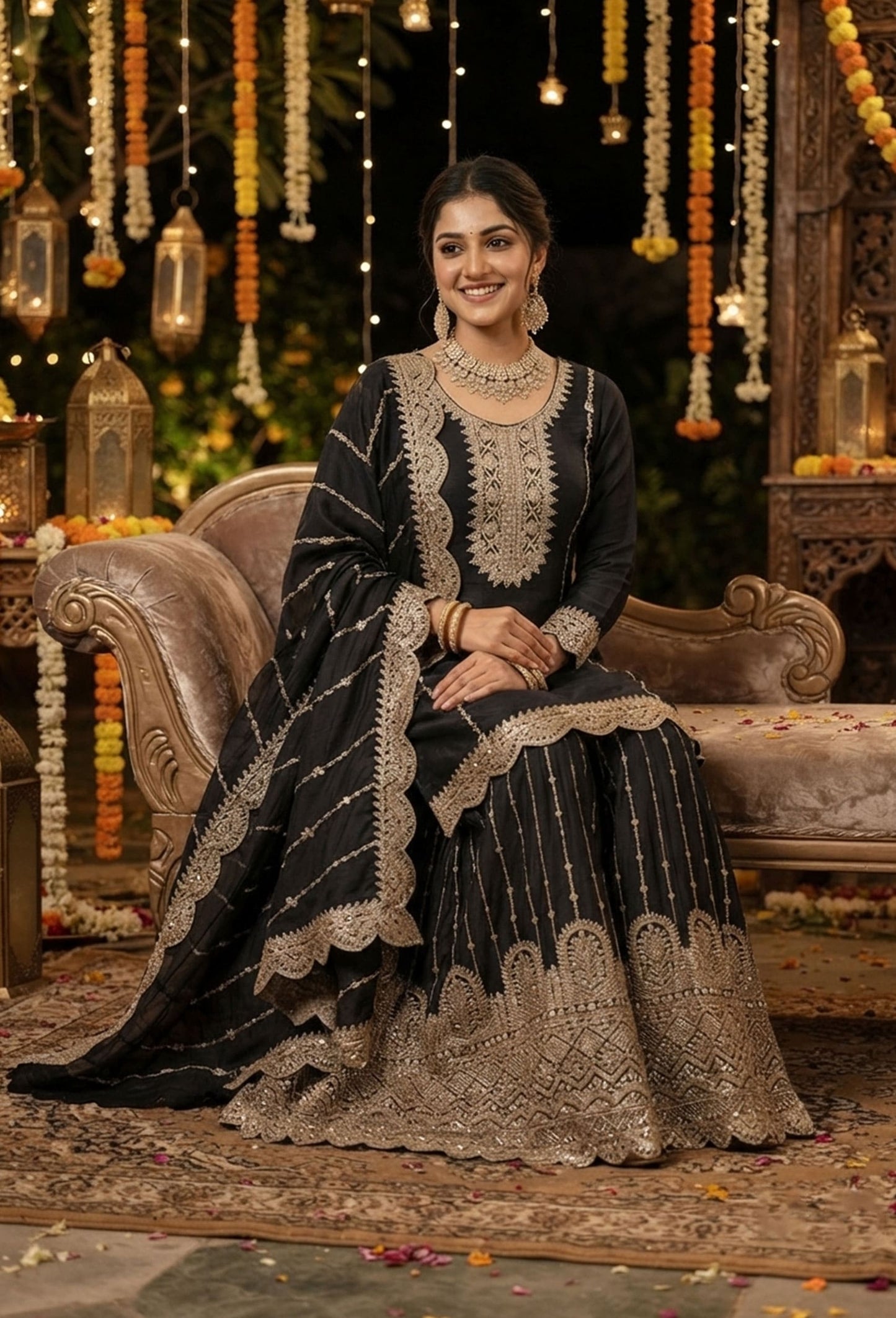 Heavy Embroidered Chinnon Silk Sharara Suit Set with Embroidered Dupatta