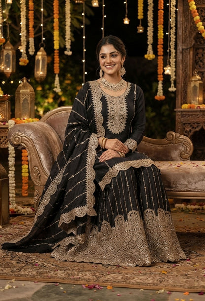 Heavy Embroidered Chinnon Silk Sharara Suit Set with Embroidered Dupatta