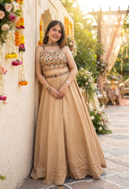 Designer Imported Crepe Emerald Stone Work Lehenga Choli with Choker Dupatta