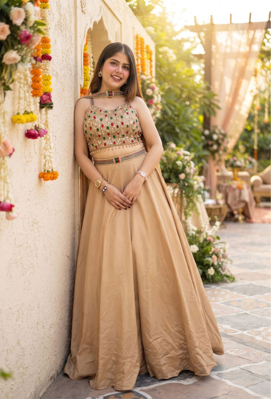 Designer Imported Crepe Emerald Stone Work Lehenga Choli with Choker Dupatta