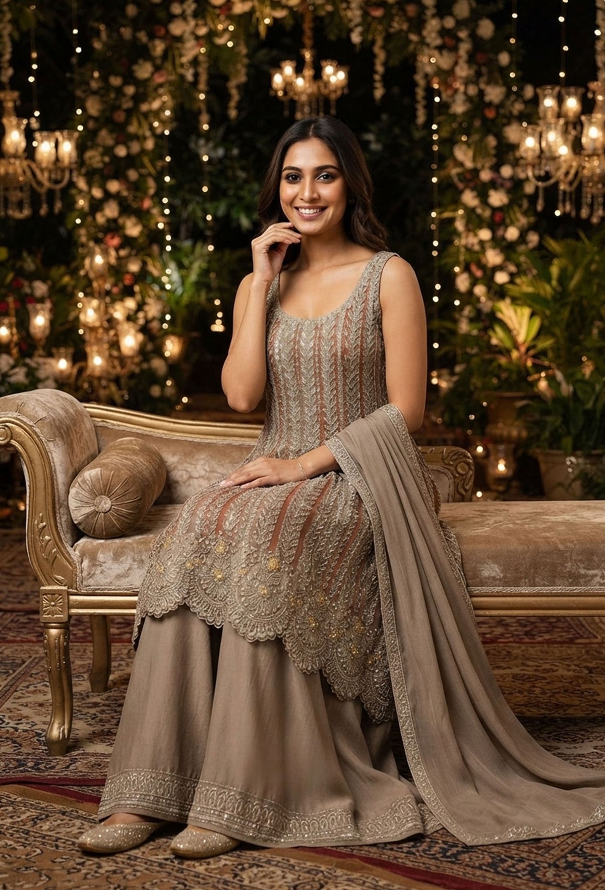 Pakistani Style Hand Embroidered Anarkali Suit Set with Plazo & Dupatta