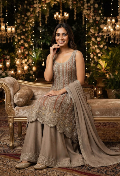 Pakistani Style Hand Embroidered Anarkali Suit Set with Plazo & Dupatta