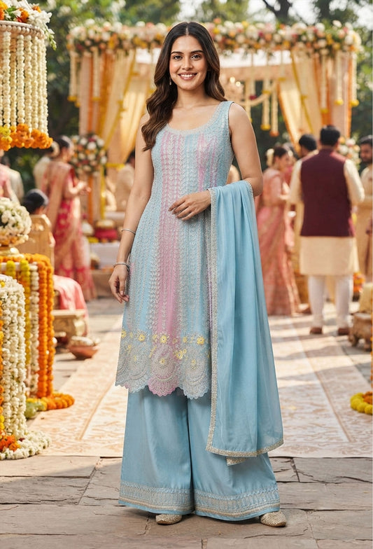Pakistani Style Hand Embroidered Anarkali Suit Set with Plazo & Dupatta