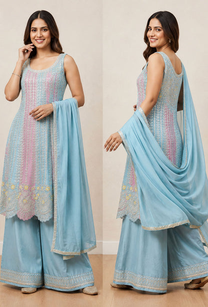 Pakistani Style Hand Embroidered Anarkali Suit Set with Plazo & Dupatta