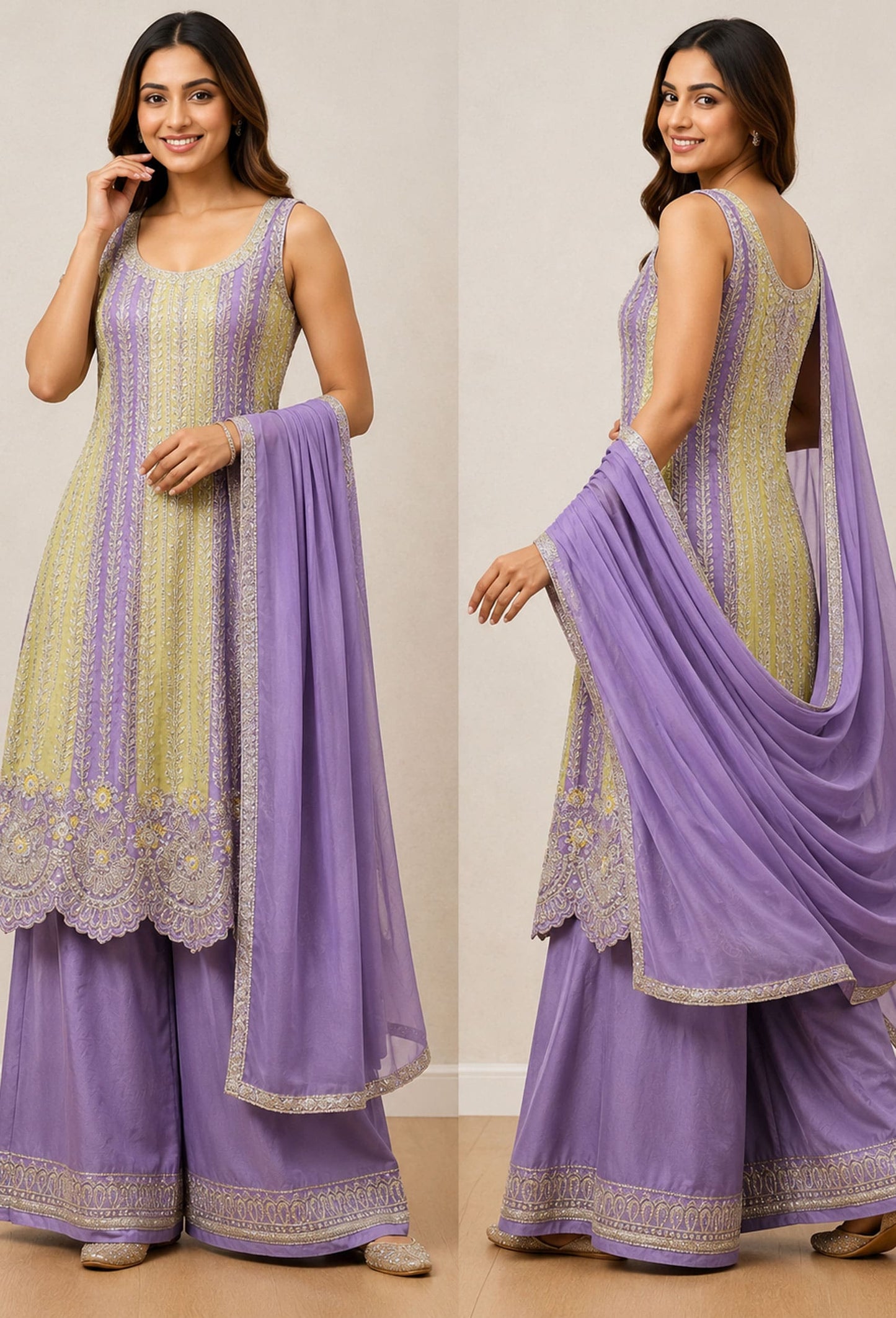 Pakistani Style Hand Embroidered Anarkali Suit Set with Plazo & Dupatta