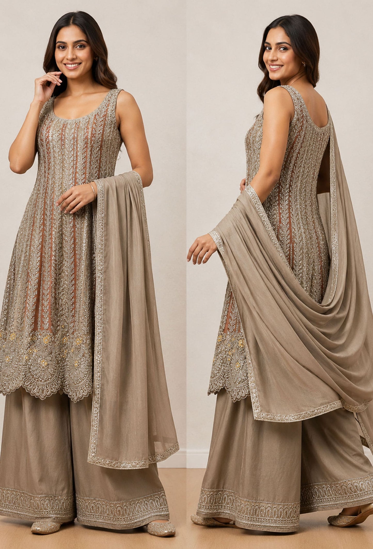Pakistani Style Hand Embroidered Anarkali Suit Set with Plazo & Dupatta