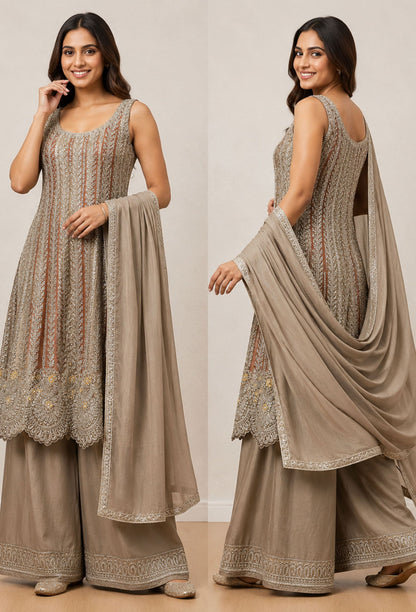 Pakistani Style Hand Embroidered Anarkali Suit Set with Plazo & Dupatta