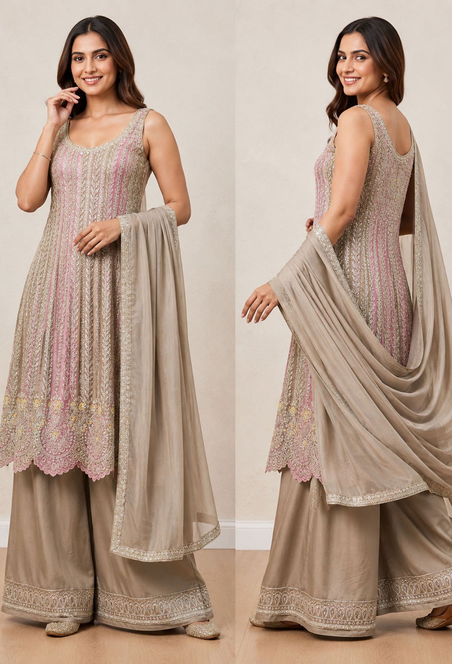 Pakistani Style Hand Embroidered Anarkali Suit Set with Plazo & Dupatta