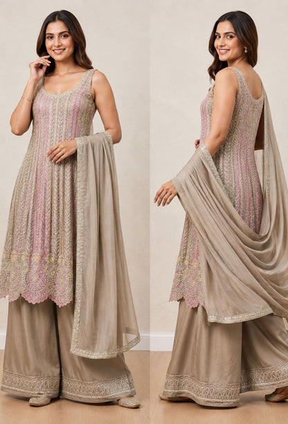 Pakistani Style Hand Embroidered Anarkali Suit Set with Plazo & Dupatta