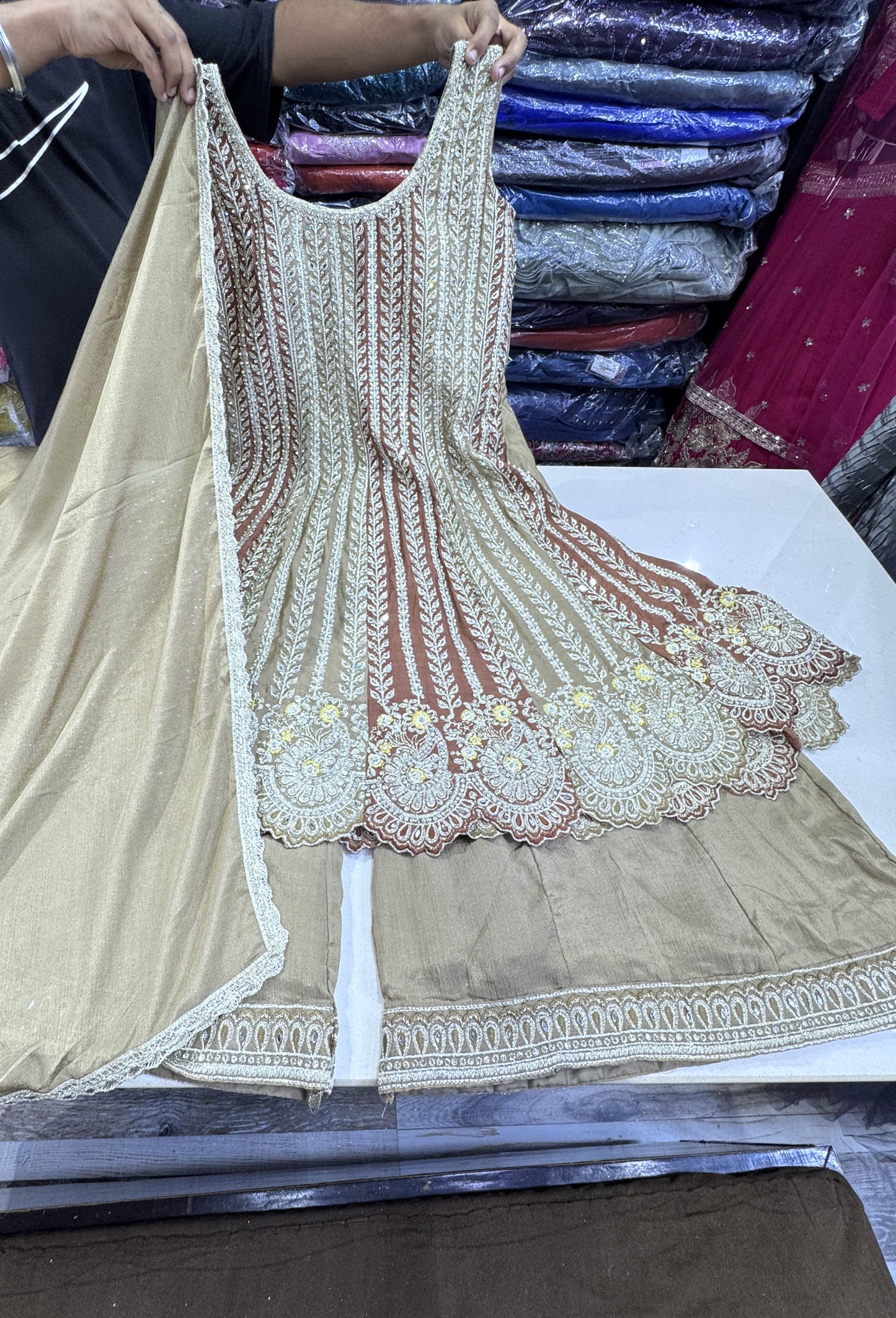 Pakistani Style Hand Embroidered Anarkali Suit Set with Plazo & Dupatta