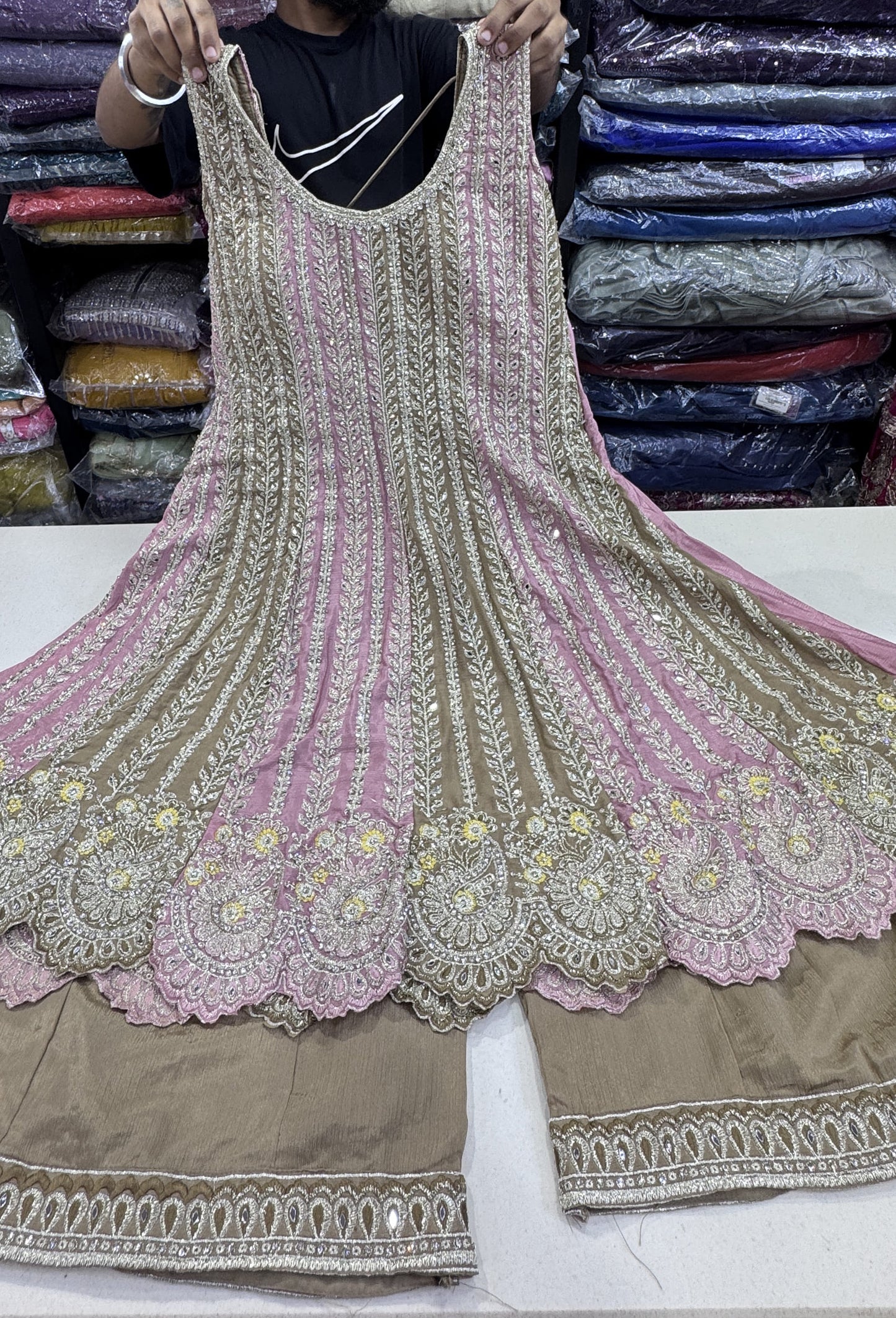 Pakistani Style Hand Embroidered Anarkali Suit Set with Plazo & Dupatta