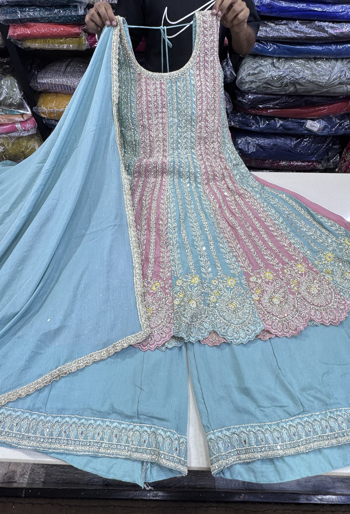 Pakistani Style Hand Embroidered Anarkali Suit Set with Plazo & Dupatta