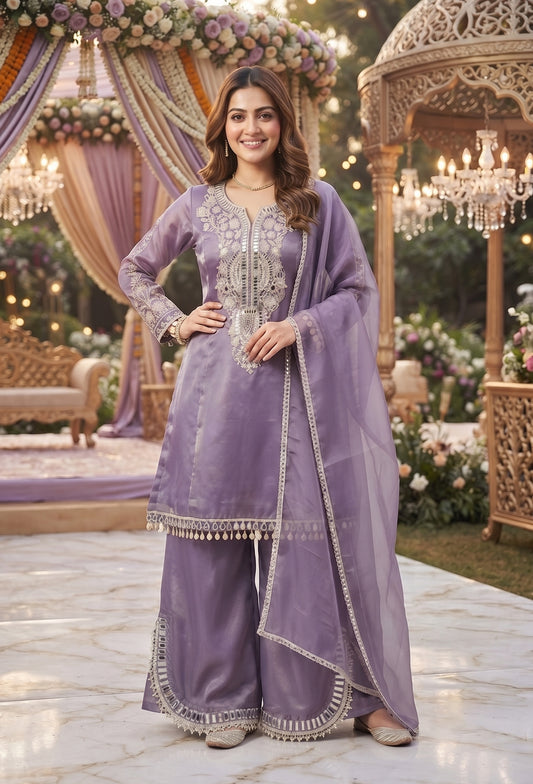 Purple Shimmer Tissue Silk Embroidered Plazo Suit with Mirror Work Dupatta