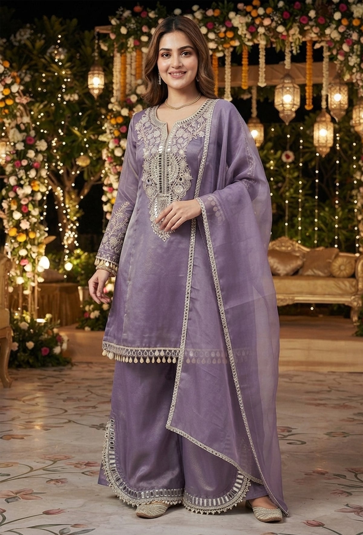 Purple Shimmer Tissue Silk Embroidered Plazo Suit with Mirror Work Dupatta