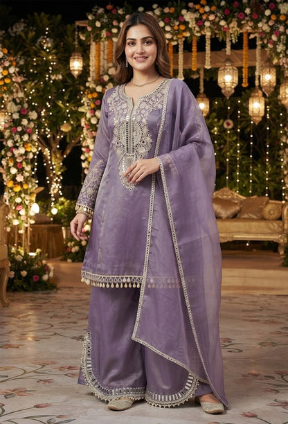 Purple Shimmer Tissue Silk Embroidered Plazo Suit with Mirror Work Dupatta