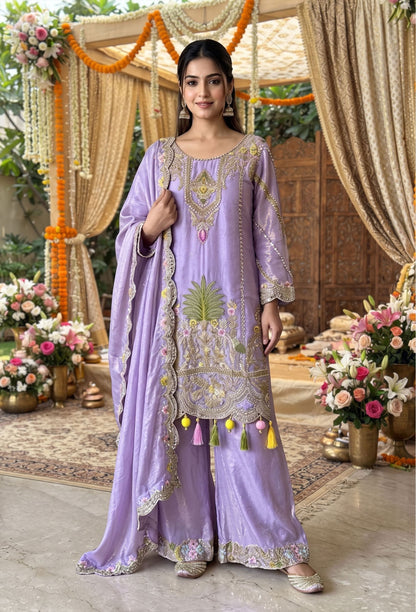 Elegant Organza Silk Sharara Suit Set with Embroidered Dupatta