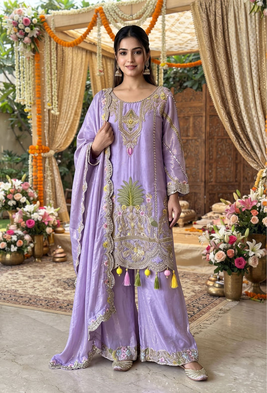 Elegant Organza Silk Sharara Suit Set with Embroidered Dupatta
