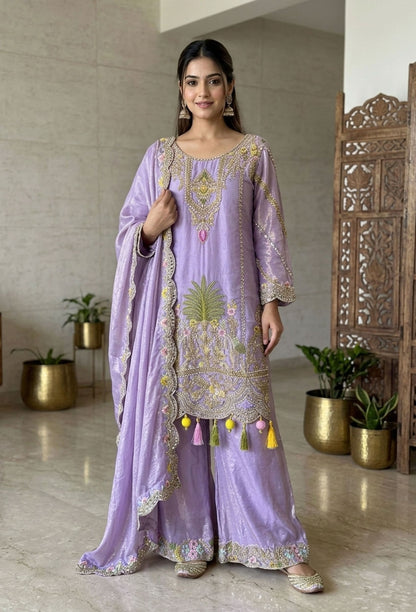 Elegant Organza Silk Sharara Suit Set with Embroidered Dupatta