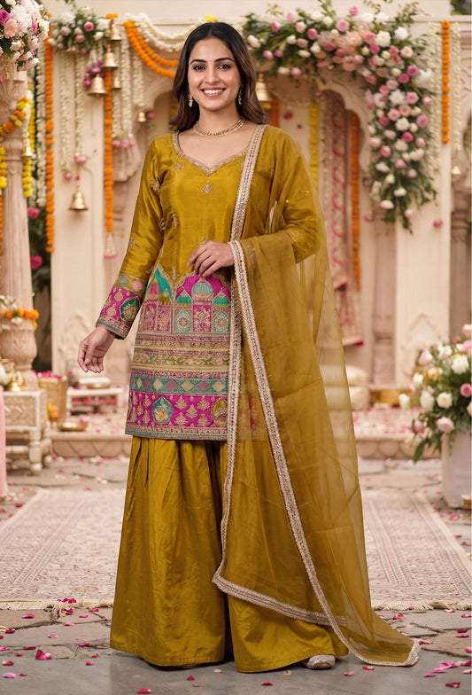 Position Printed Silk Straight Sharara Suit with Net Border Dupatta