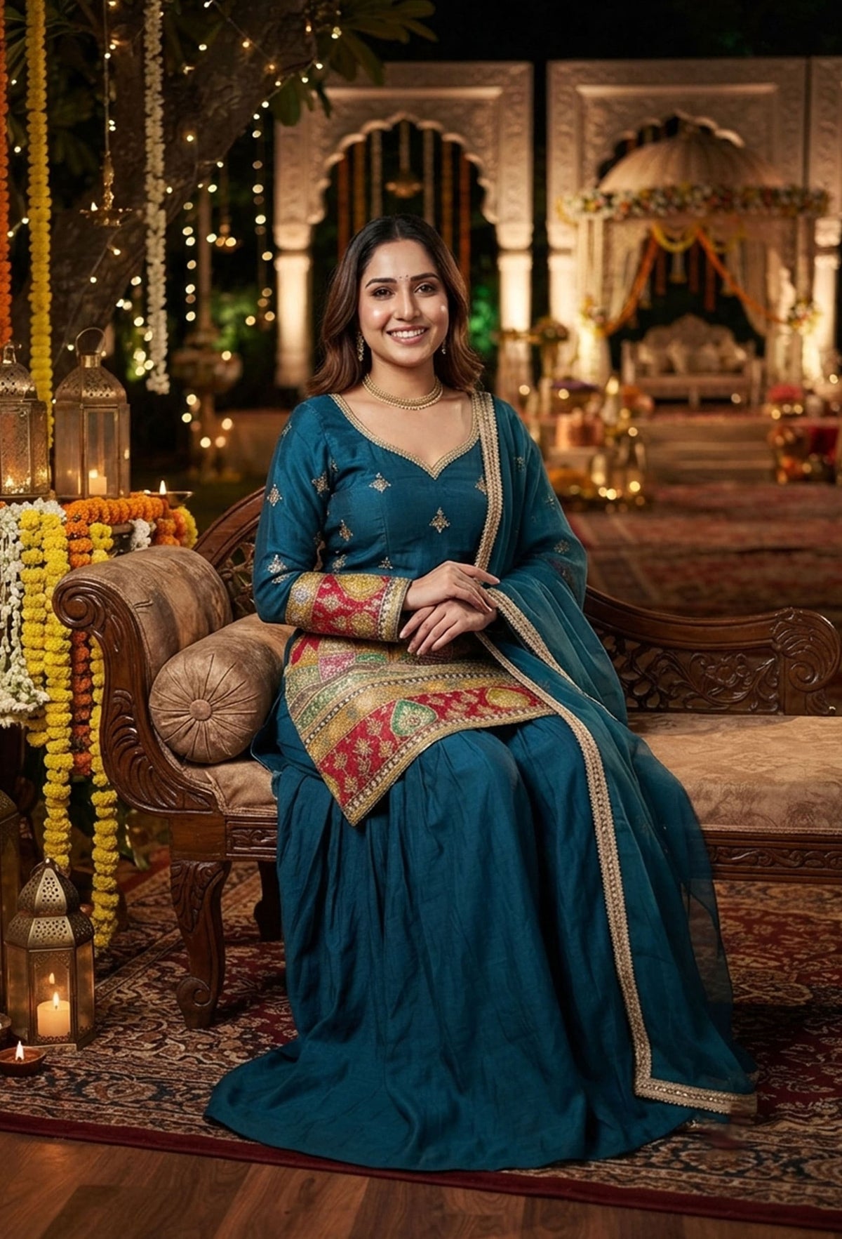 Position Printed Silk Straight Sharara Suit with Net Border Dupatta