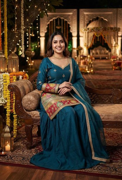 Position Printed Silk Straight Sharara Suit with Net Border Dupatta