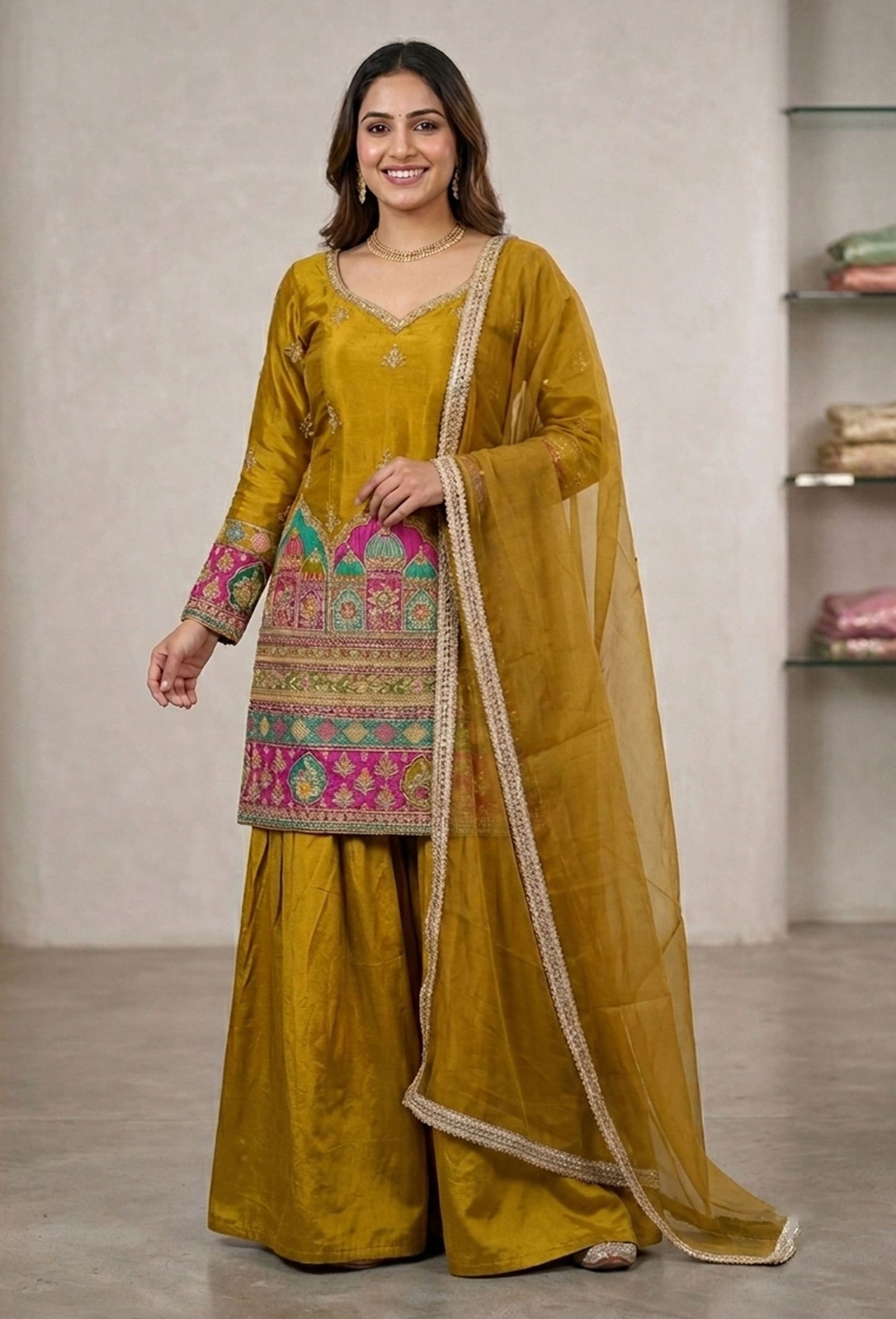 Position Printed Silk Straight Sharara Suit with Net Border Dupatta