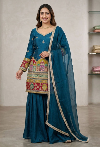 Position Printed Silk Straight Sharara Suit with Net Border Dupatta