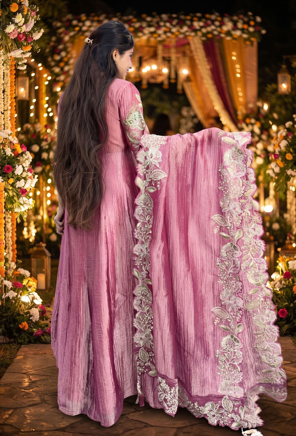 Designer Yoke Embroidered Suit Set with Cut Work Bordered Dupatta