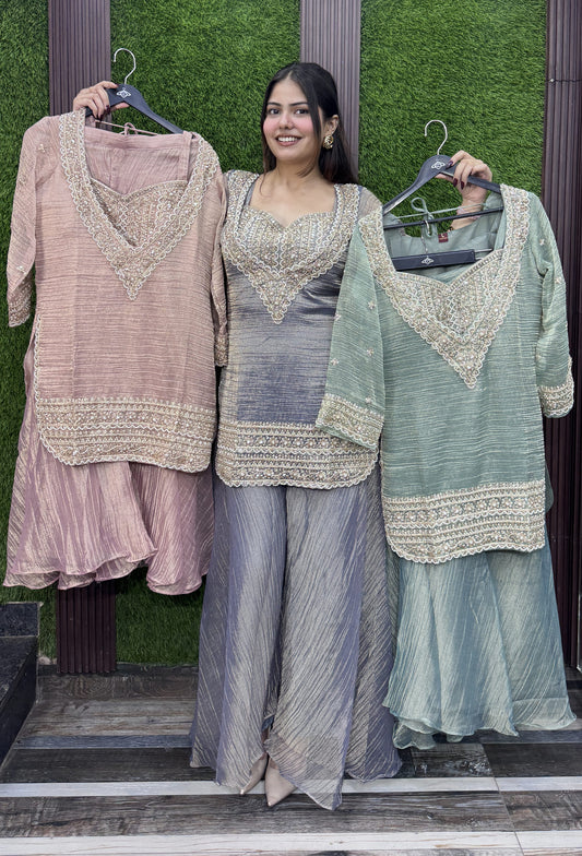 Bustier Style Embellished Cord Set with Plazo & Border Dupatta