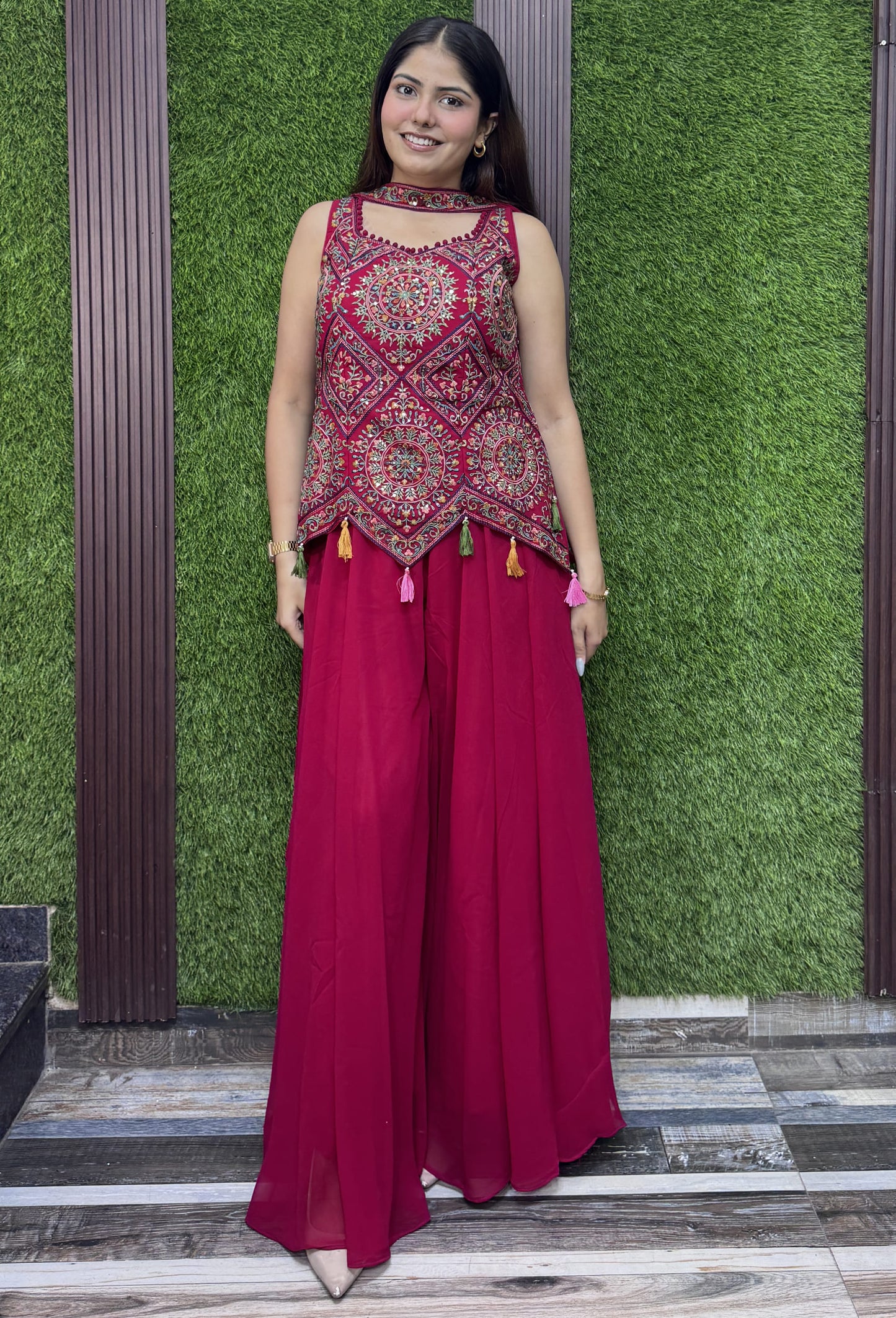 Georgette Thread Embroidered Cord Set with Choker Dupatta