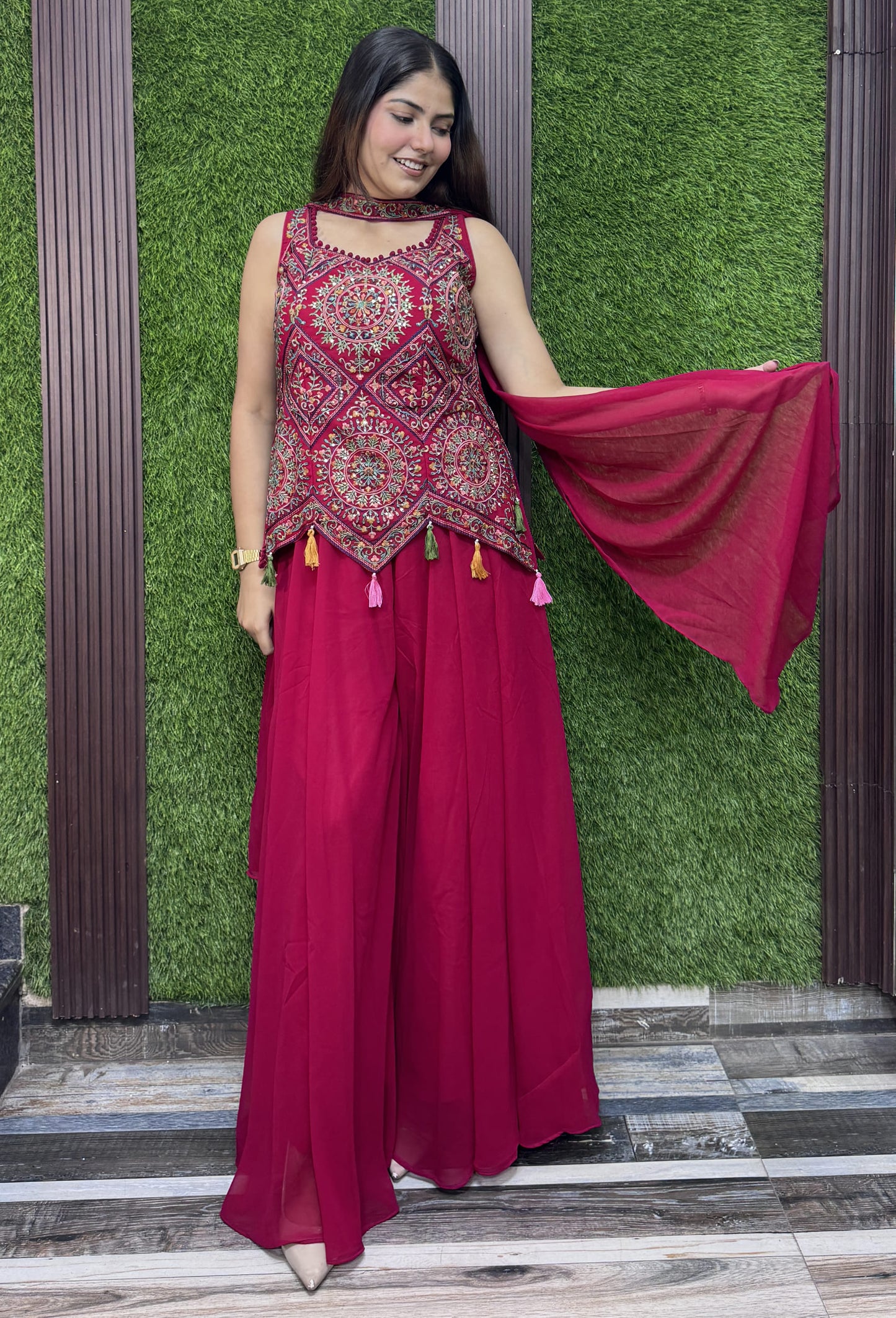 Georgette Thread Embroidered Cord Set with Choker Dupatta