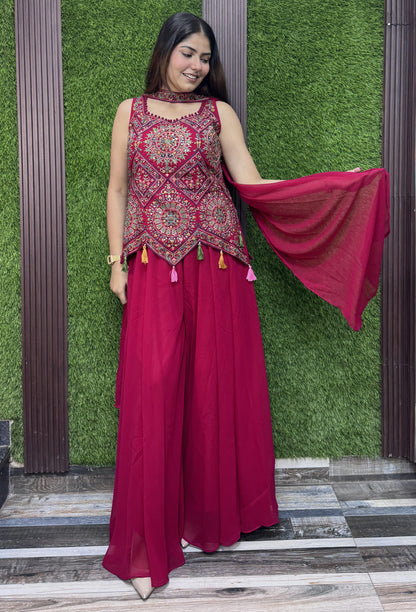 Georgette Thread Embroidered Cord Set with Choker Dupatta