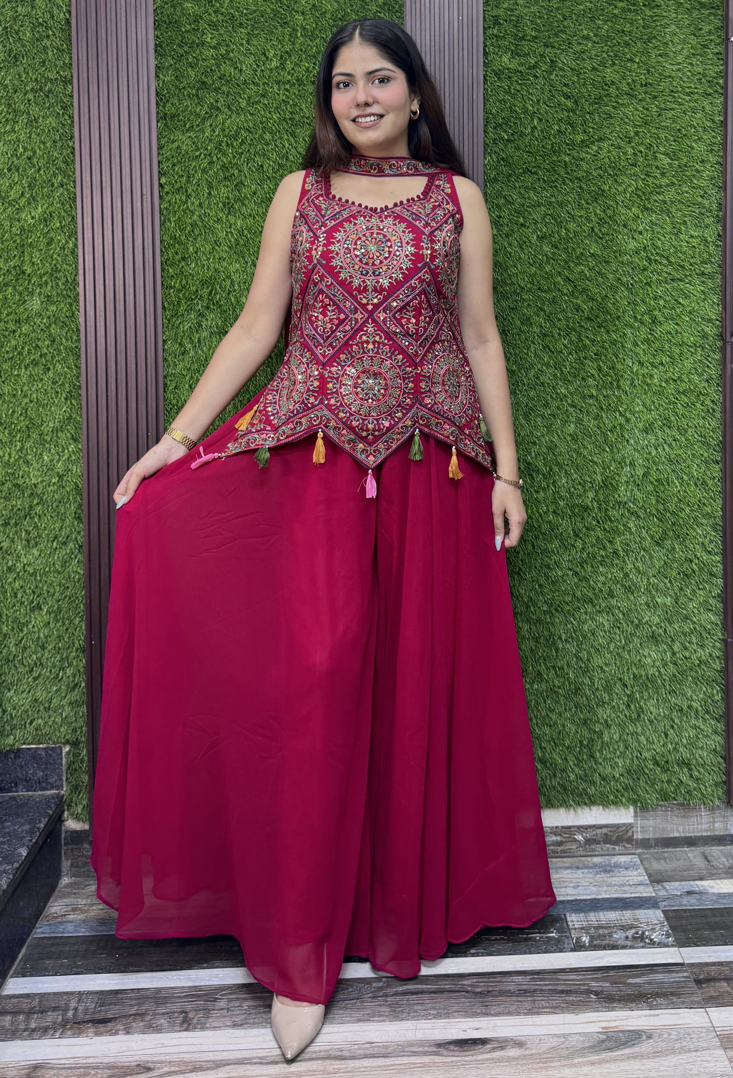 Georgette Thread Embroidered Cord Set with Choker Dupatta