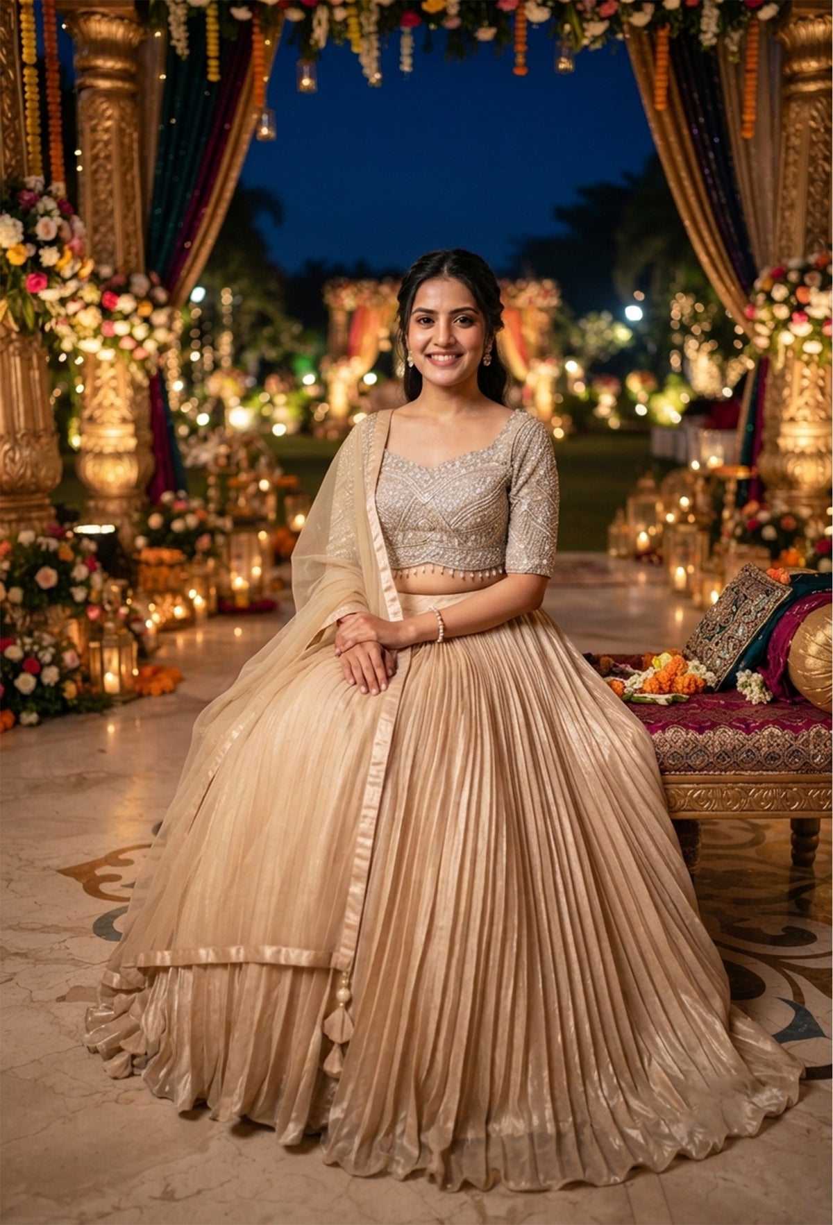 Embellished Designer Blouse with Organza Skirt & Net Dupatta