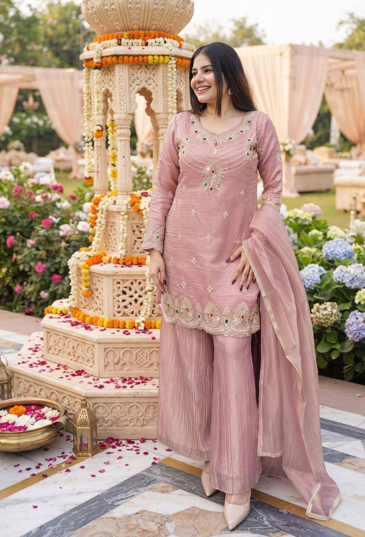 Emerald Stone Work Crush Silk Sharara Suit with Dupatta