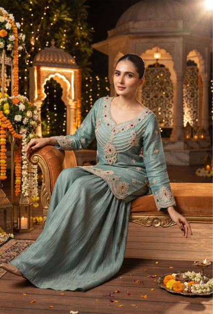 Emerald Stone Work Crush Silk Sharara Suit with Dupatta
