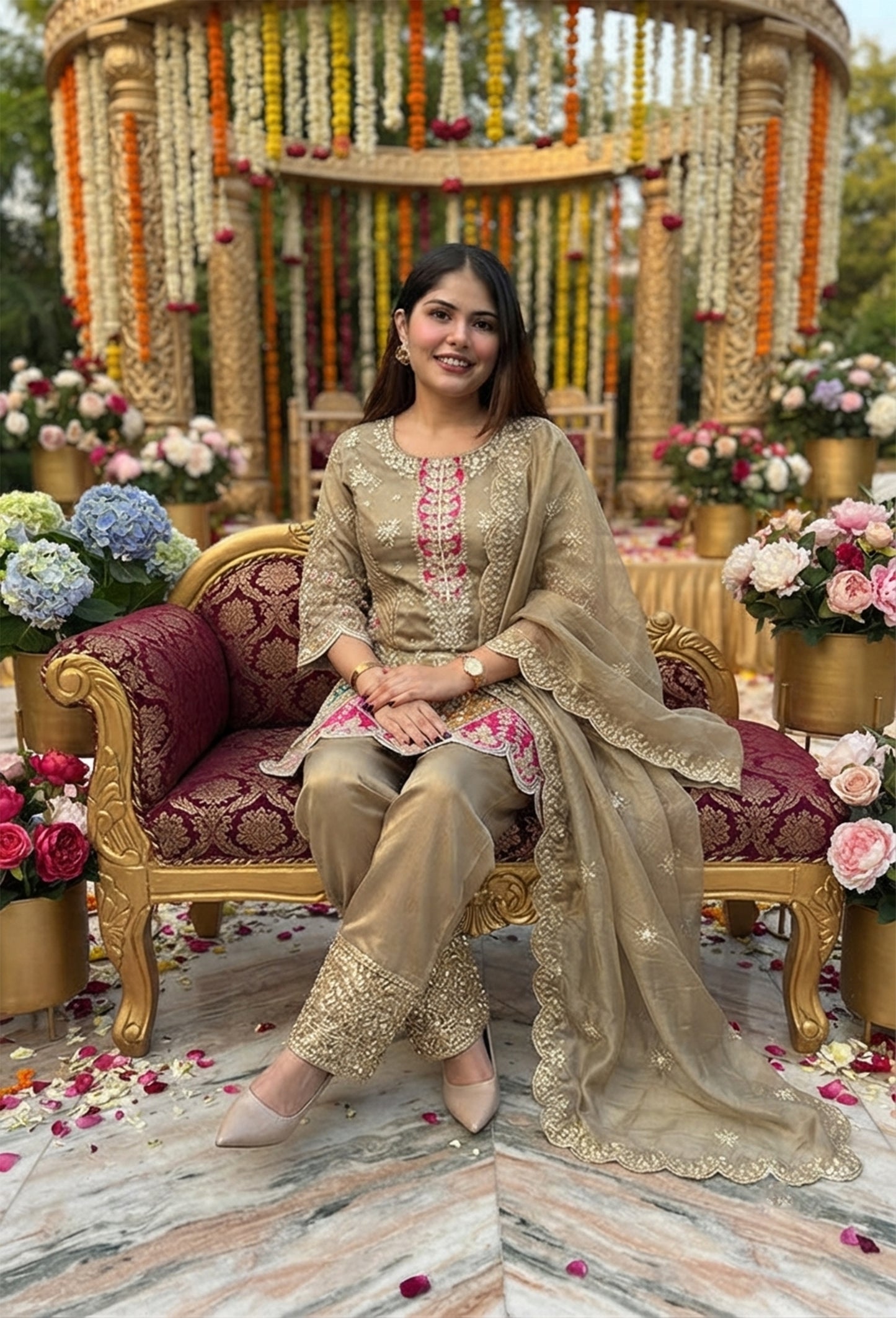 Party Wear Heavy work Organza Silk Shirt & Pants with Embroidered Dupatta