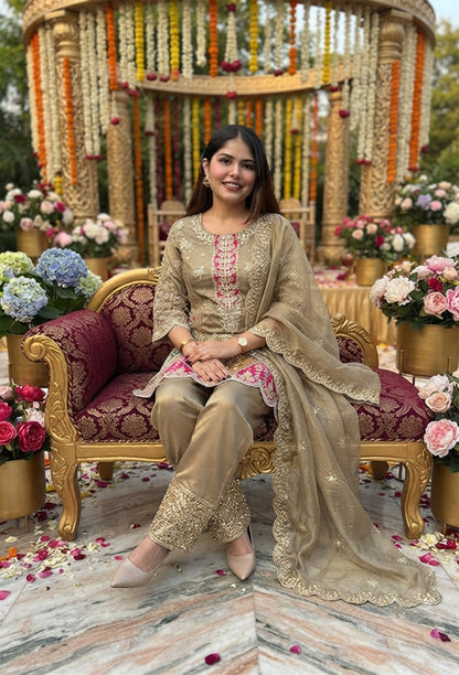 Party Wear Heavy work Organza Silk Shirt & Pants with Embroidered Dupatta