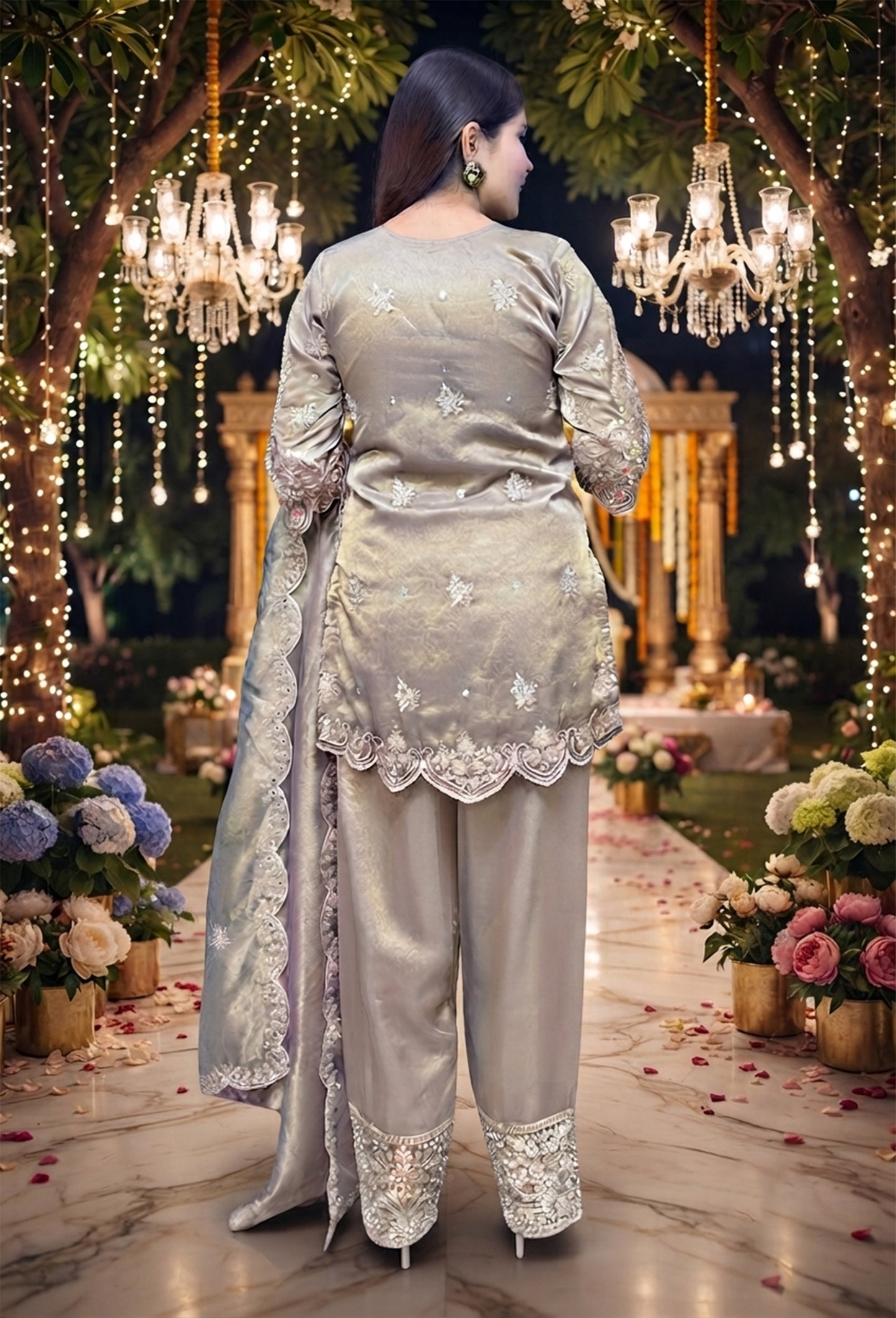 Party Wear Heavy work Organza Silk Shirt & Pants with Embroidered Dupatta