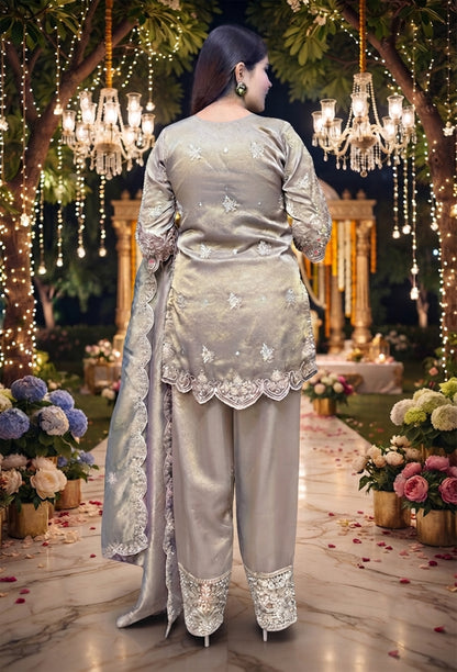 Party Wear Heavy work Organza Silk Shirt & Pants with Embroidered Dupatta