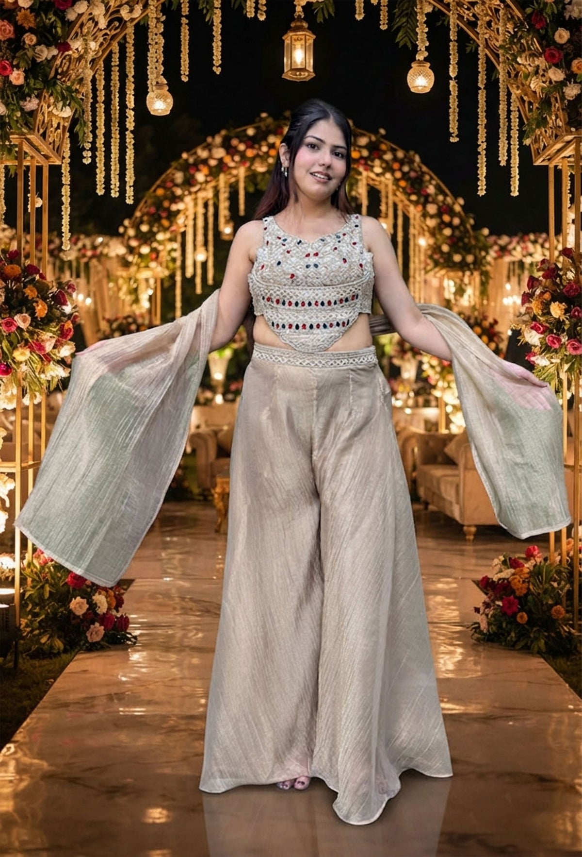 Partywear Crush Silk Emerald Stone Work Crop Top Sharara Dress with Choker Dupatta