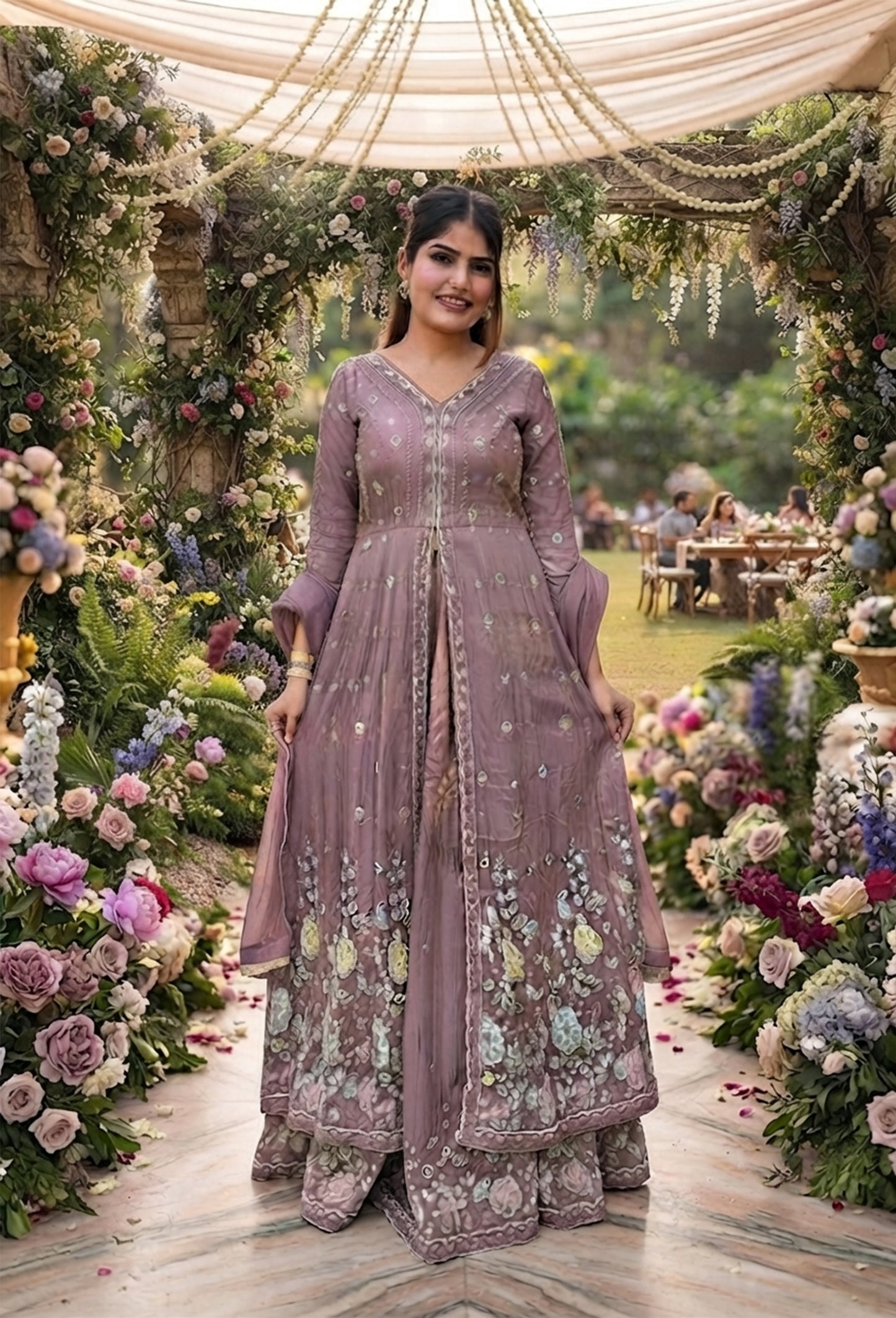 Partywear Flared Chinnon Silk Front-Slit Anarkali Suit Set with Beadwork Skirt & Dupatta