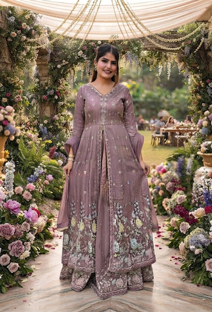 Partywear Flared Chinnon Silk Front-Slit Anarkali Suit Set with Beadwork Skirt & Dupatta
