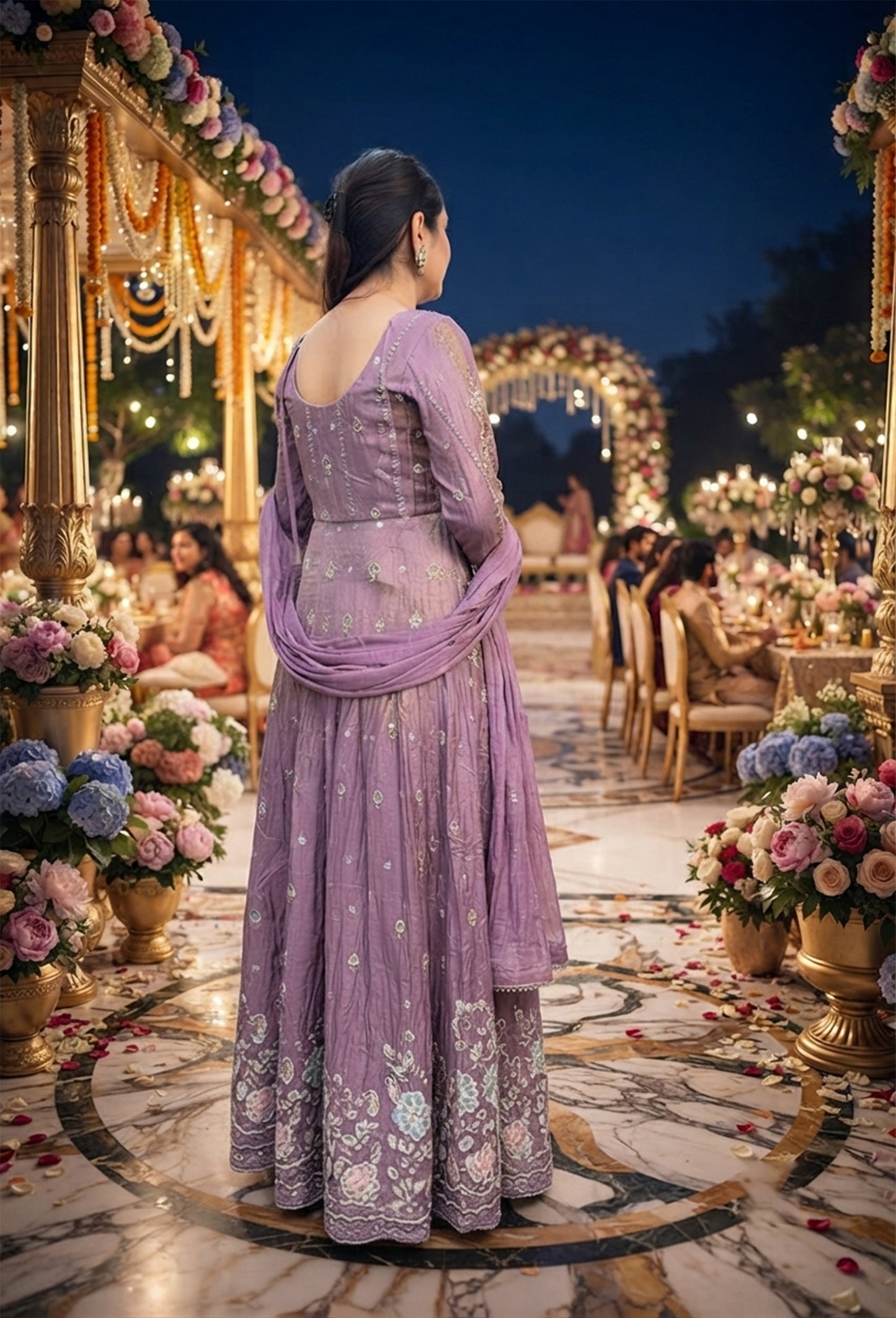 Partywear Flared Chinnon Silk Front-Slit Anarkali Suit Set with Beadwork Skirt & Dupatta