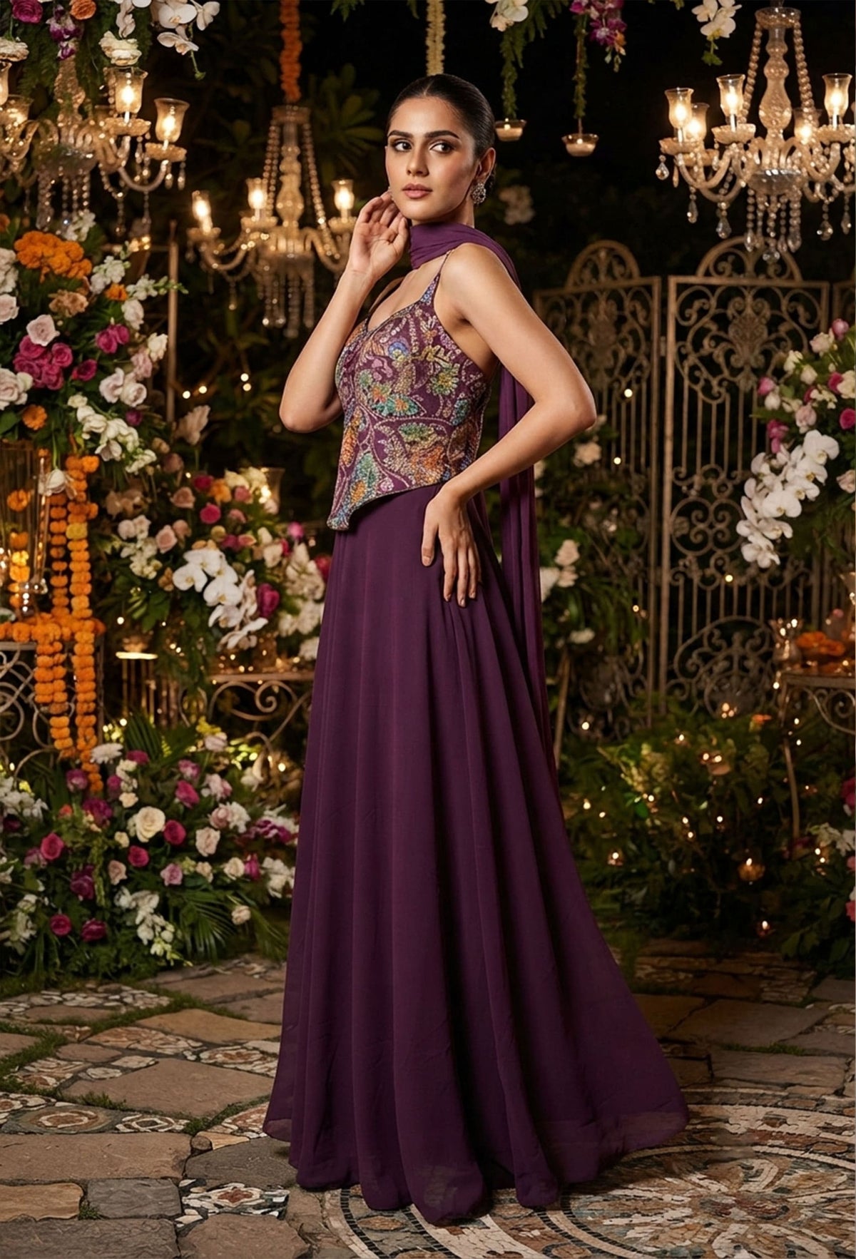 Designer Cordset Style Spaghetti Digital Printed Crop Top Sharara Set with Choker Dupatta