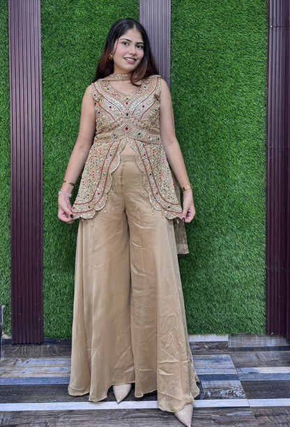 Designer Emerald Stone Short Shirt Plazo Suit in Organza Silk with Choker Dupatta