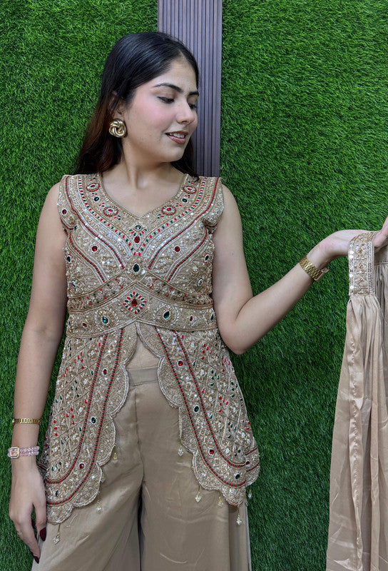 Designer Emerald Stone Short Shirt Plazo Suit in Organza Silk with Choker Dupatta
