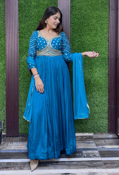 Pure Chinnon Silk Anarkali Embroidered Full Sleeves Suit Set with Slik Dupatta