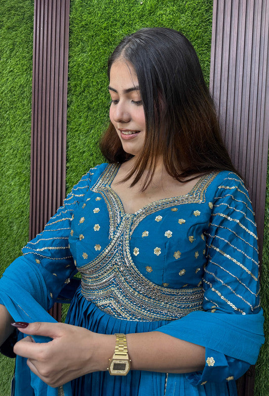 Pure Chinnon Silk Anarkali Embroidered Full Sleeves Suit Set with Slik Dupatta